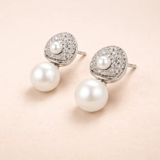 Pearl Drop Halo Stud Earrings – Sterling Silver 925 Crystal Cluster Earrings