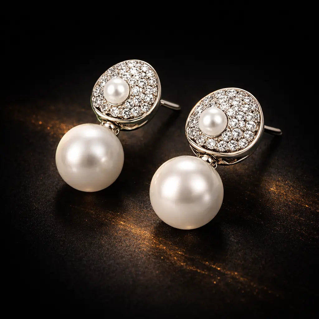 Pearl Drop Halo Stud Earrings – Sterling Silver 925 Crystal Cluster Earrings