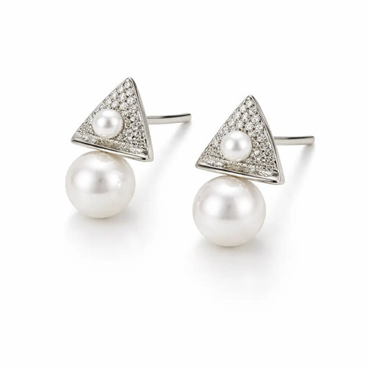 Geometric Triangle Pearl Drop Earrings – Sterling Silver 925 Crystal Stud Earrings