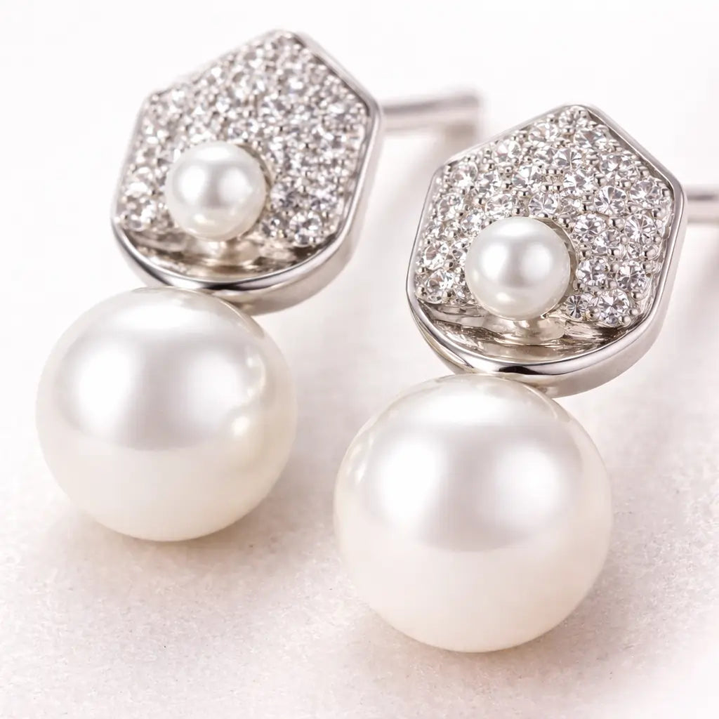 Hexagon Pearl Drop Earrings – Sterling Silver 925 Crystal Stud Earrings