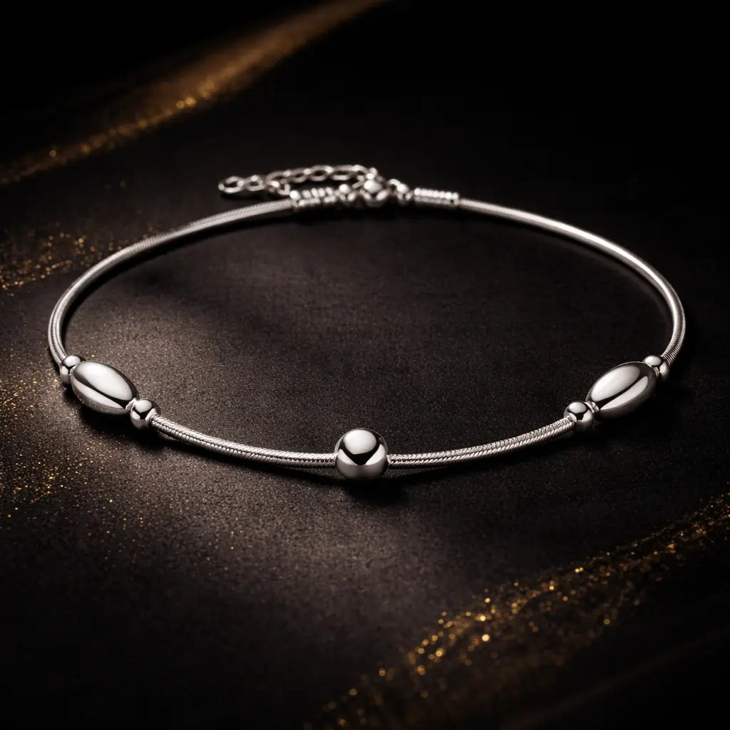 Sterling Silver 925 Minimal Oval Bead Anklet – Sleek Everyday Elegance