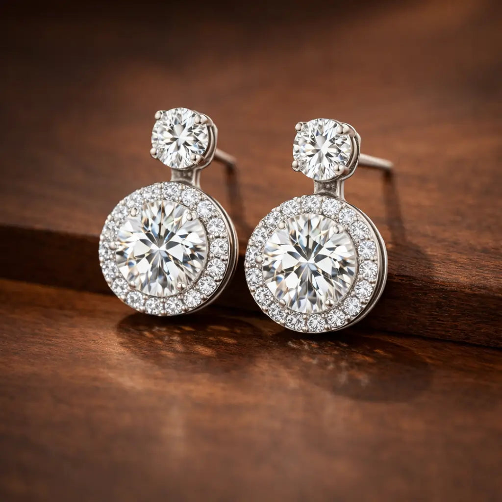 Swarovski Halo Drop Stud Earrings – Sterling Silver 925 Double Crystal Earrings
