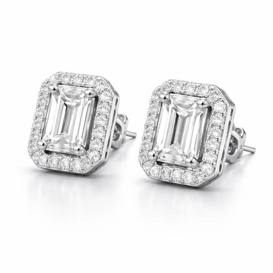 Swarovski Emerald Cut Halo Stud Earrings – Sterling Silver 925 Crystal Earrings