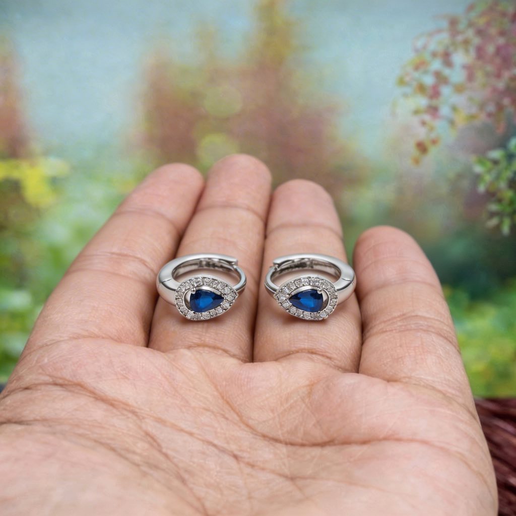 Sapphire Pear Pavé Huggie Hoops in 925 Silver