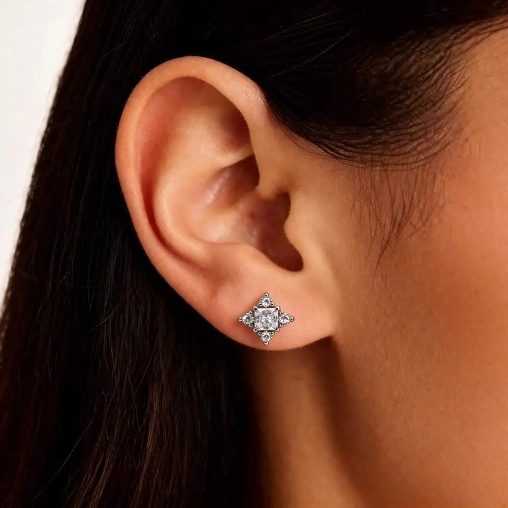 Swarovski Princess Cut Cluster Stud Earrings – Sterling Silver 925 Statement Crystal Studs