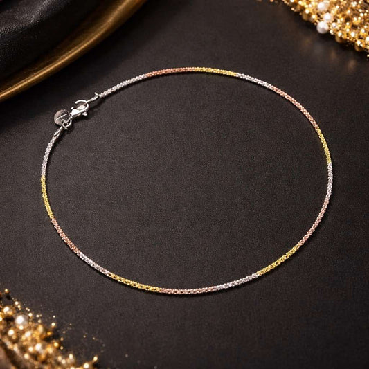 Italian Tri-Tone Rolo Chain Anklet – 925 Sterling Silver (Gold, Rose Gold & Silver Finish)
