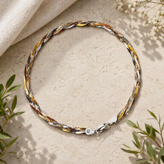 Italian Tri-Color Twisted Anklet in 925 Sterling Silver
