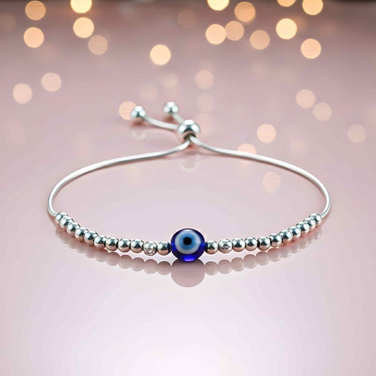 Evil Eye Protection Bracelet - 925 Sterling Silver with Blue Bead, Adjustable Slide