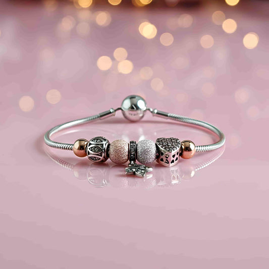 Multi-Charm Beaded Bracelet - 925 Silver & Rose Gold with Heart, Star & Butterfly