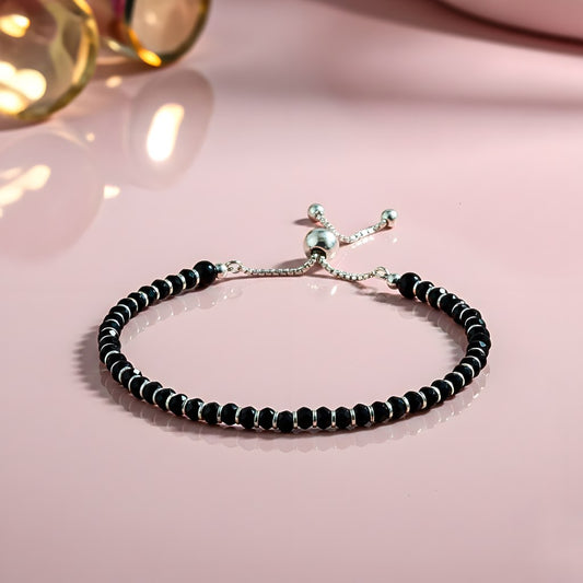 Black Beaded Adjustable Bracelet - 925 Sterling Silver with Onyx Facets