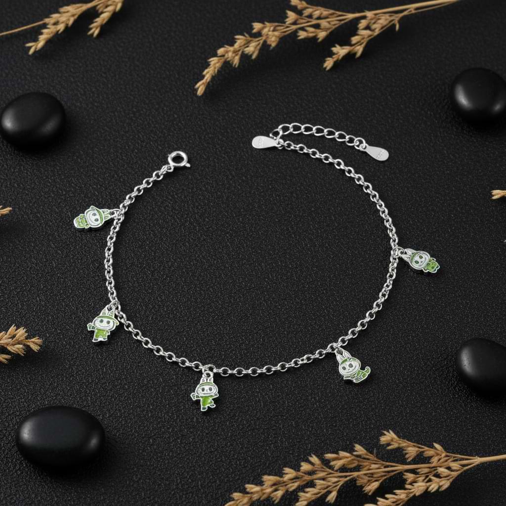 Labubu Monster Charm Bracelet - 925 Silver with Green Enamel Labubu Figures