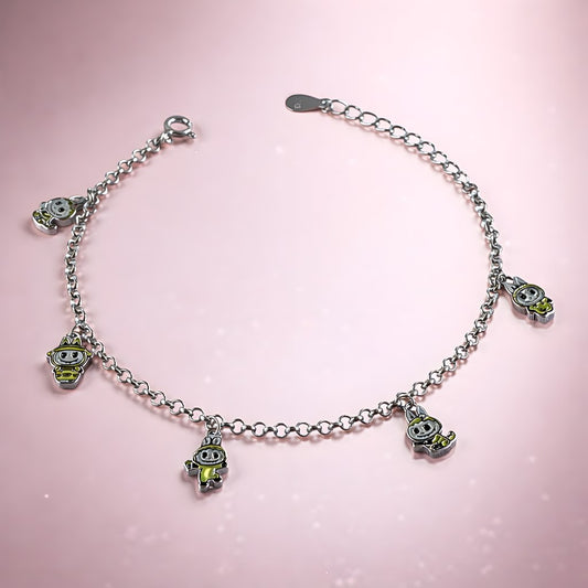 Labubu Monster Charm Bracelet - 925 Silver with Green Enamel Labubu Figures