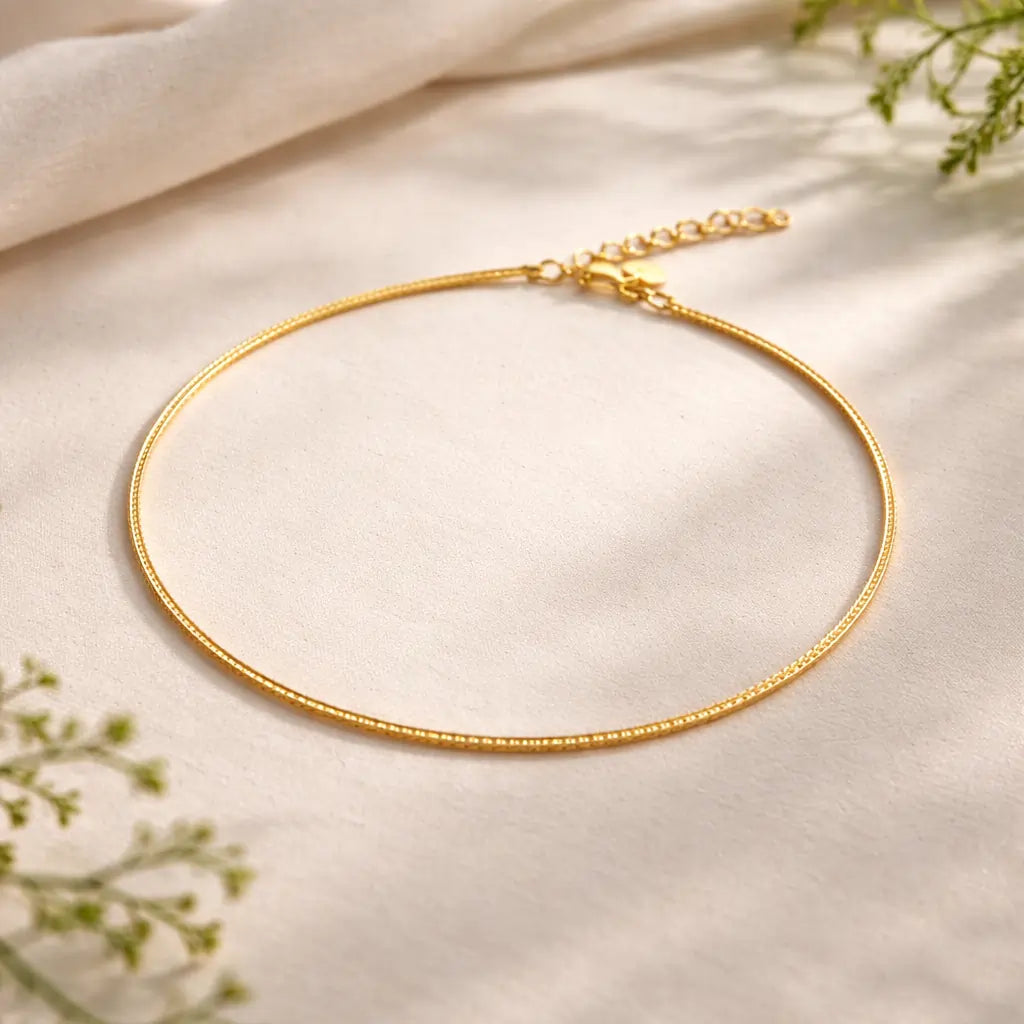 925 Sterling Silver Gold Flat Chain Anklet – Minimal Sleek Anklet for Women