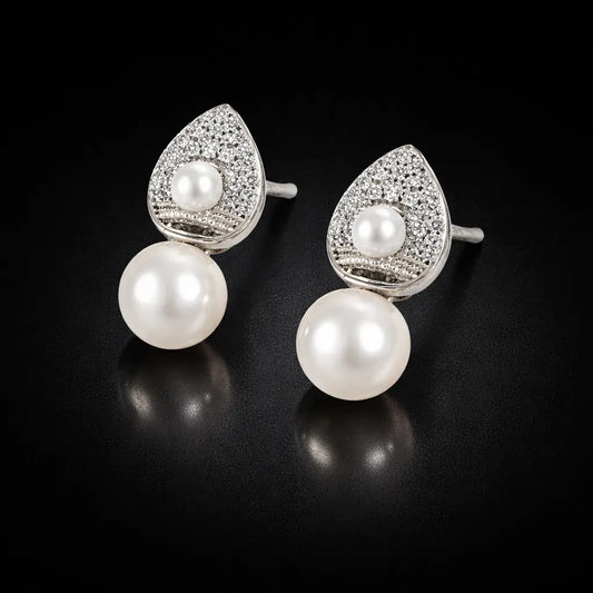 Pearl Drop Teardrop Stud Earrings – Sterling Silver 925 Crystal Stud Earrings