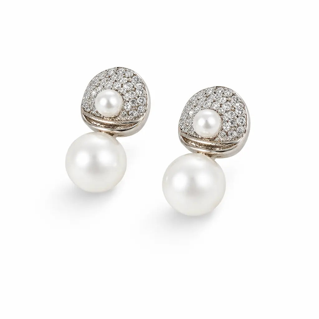 Pearl Drop Halo Stud Earrings – Sterling Silver 925 Crystal Cluster Earrings