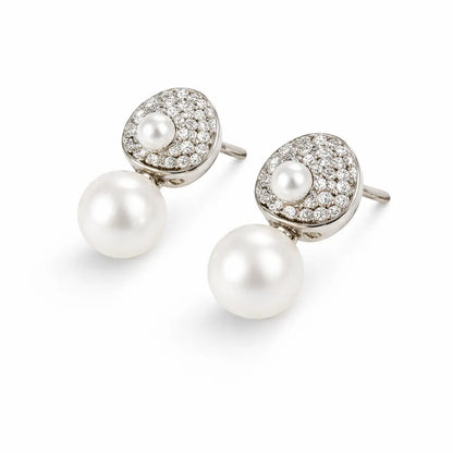 Pearl Drop Halo Stud Earrings – Sterling Silver 925 Crystal Cluster Earrings