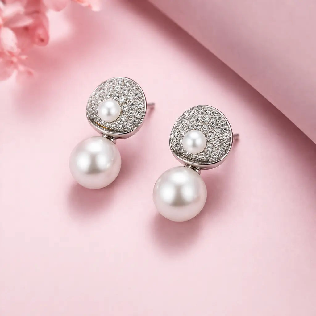 Pearl Drop Halo Stud Earrings – Sterling Silver 925 Crystal Cluster Earrings