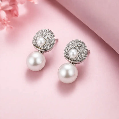Pearl Drop Halo Stud Earrings – Sterling Silver 925 Crystal Cluster Earrings