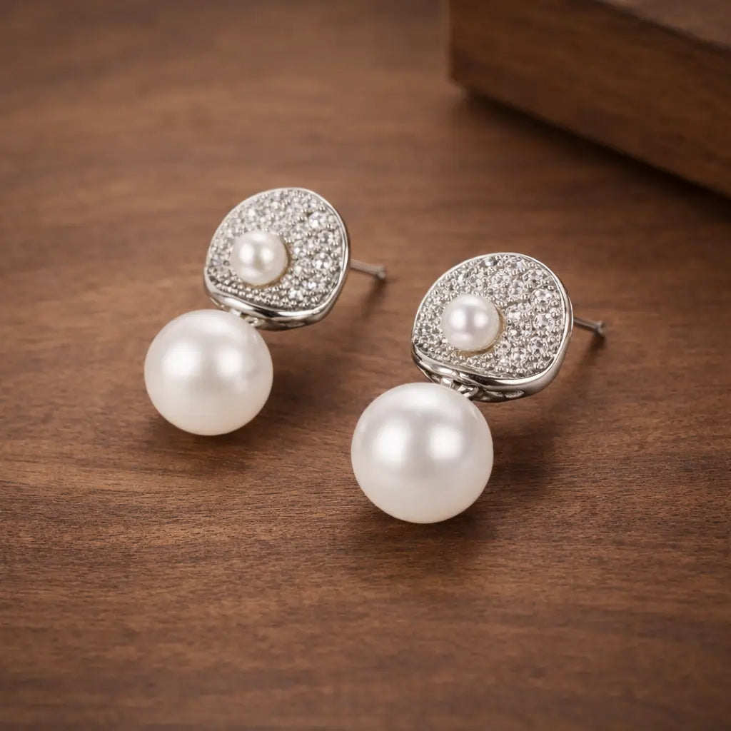 Pearl Drop Halo Stud Earrings – Sterling Silver 925 Crystal Cluster Earrings