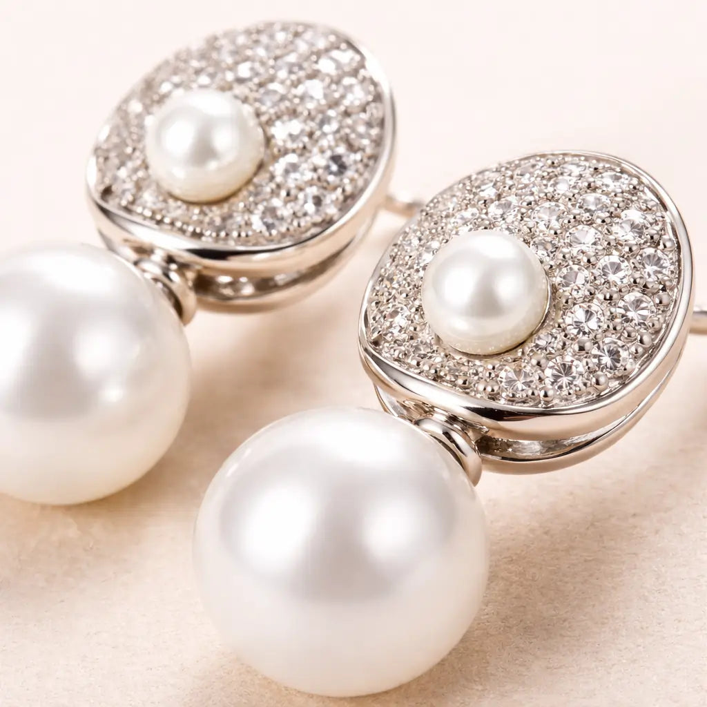 Pearl Drop Halo Stud Earrings – Sterling Silver 925 Crystal Cluster Earrings