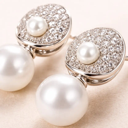 Pearl Drop Halo Stud Earrings – Sterling Silver 925 Crystal Cluster Earrings