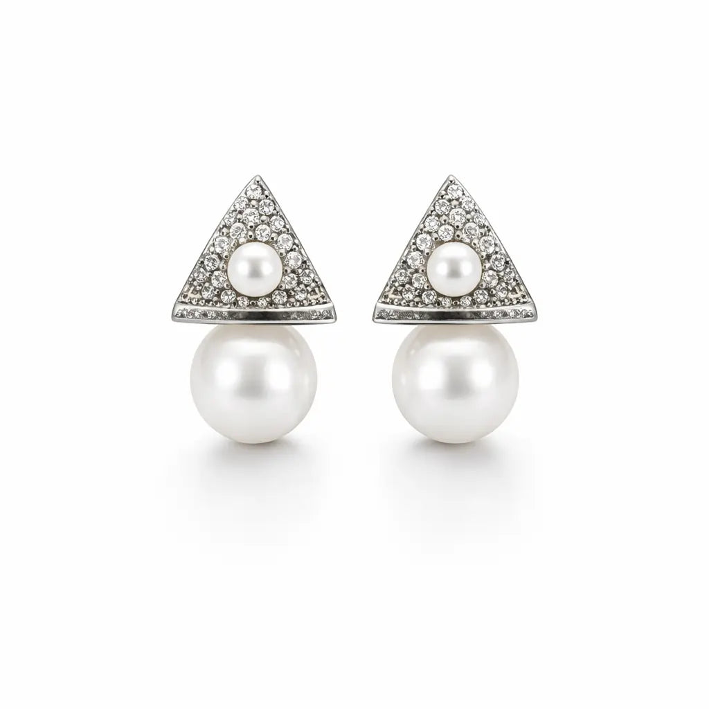 Geometric Triangle Pearl Drop Earrings – Sterling Silver 925 Crystal Stud Earrings