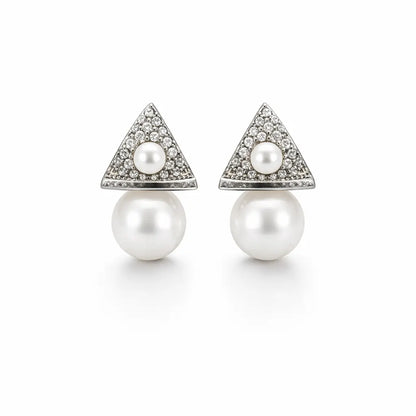 Geometric Triangle Pearl Drop Earrings – Sterling Silver 925 Crystal Stud Earrings