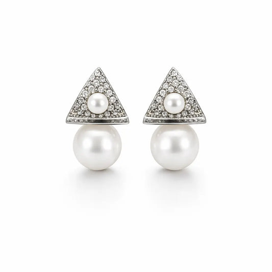 Geometric Triangle Pearl Drop Earrings – Sterling Silver 925 Crystal Stud Earrings