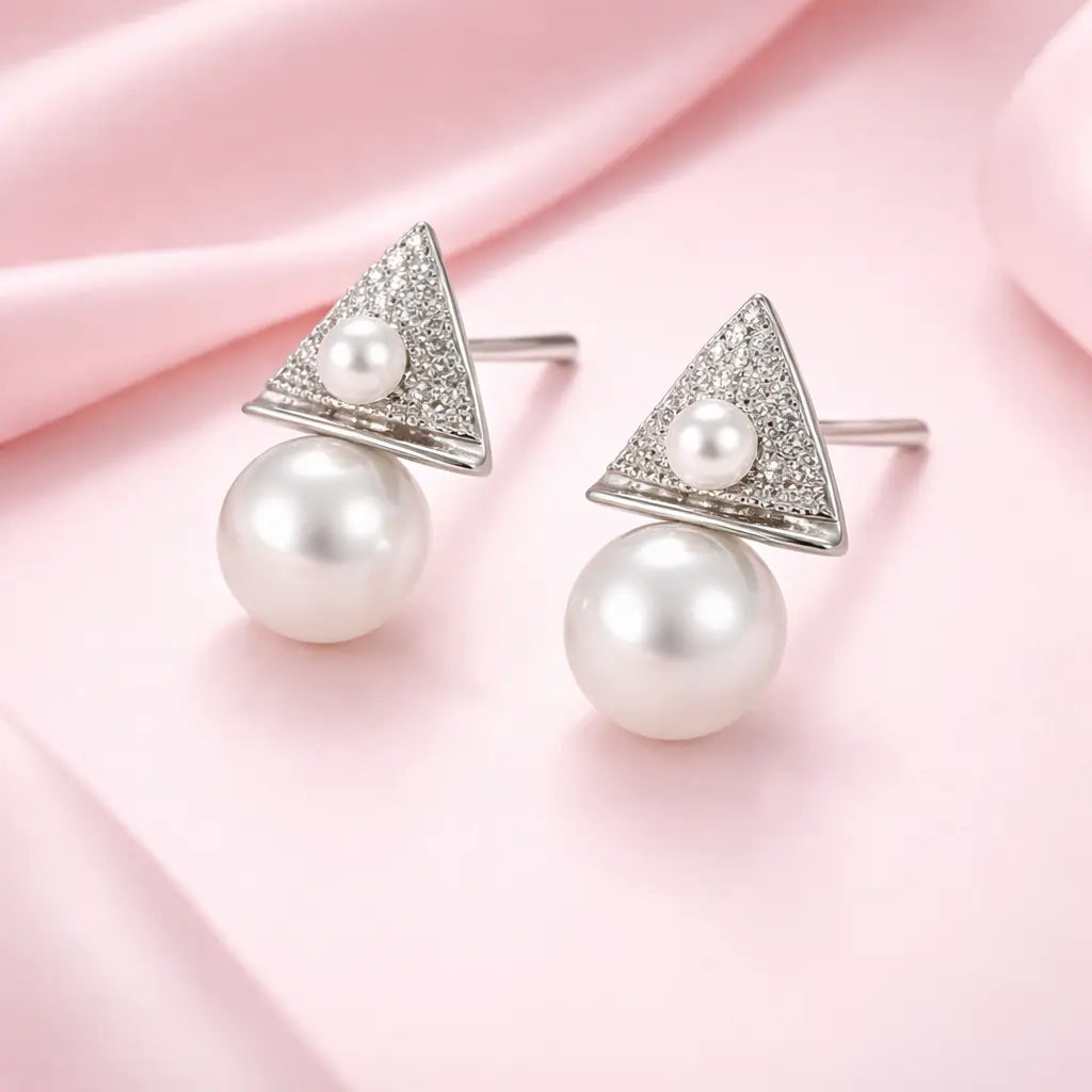 Geometric Triangle Pearl Drop Earrings – Sterling Silver 925 Crystal Stud Earrings