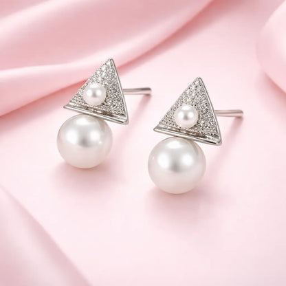 Geometric Triangle Pearl Drop Earrings – Sterling Silver 925 Crystal Stud Earrings