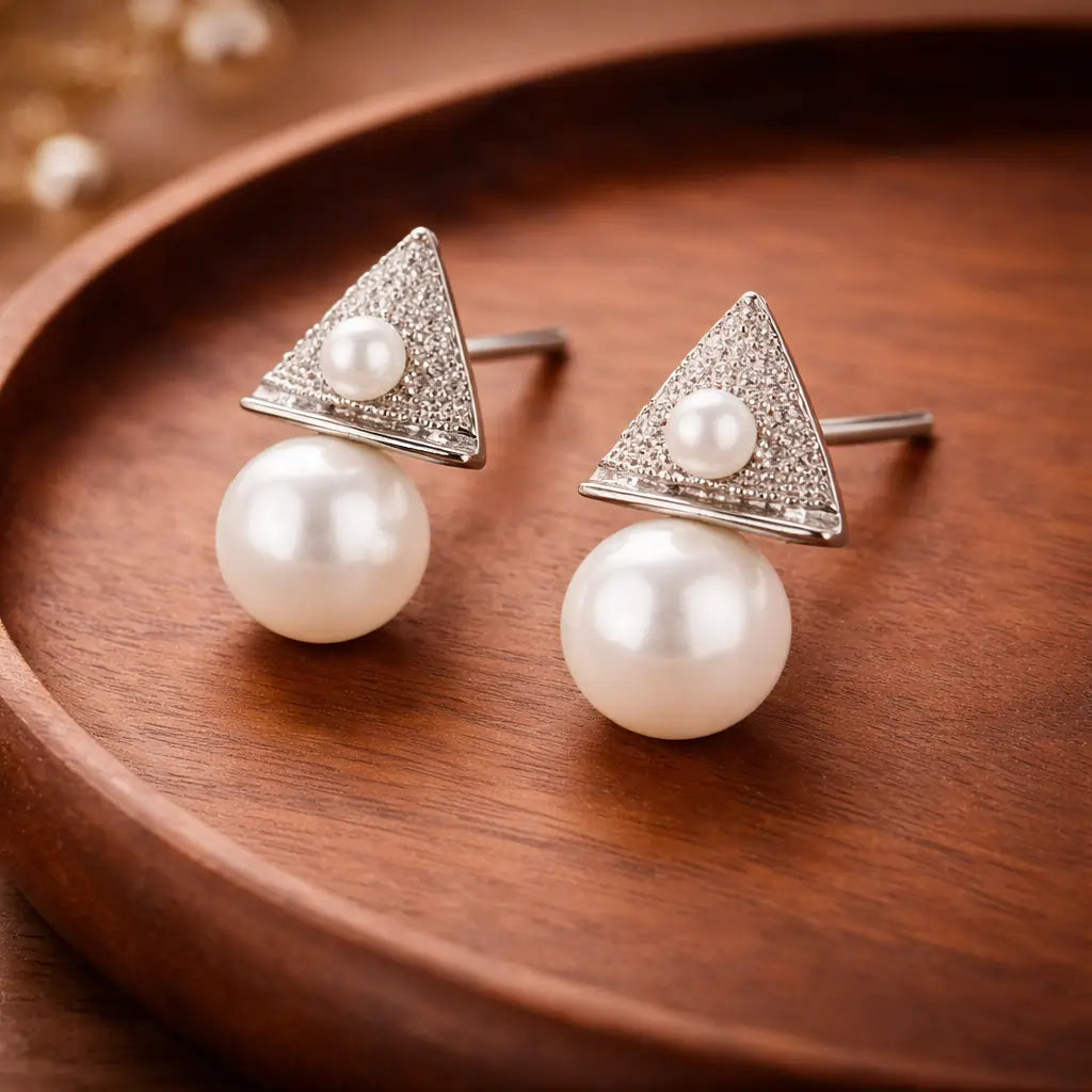 Geometric Triangle Pearl Drop Earrings – Sterling Silver 925 Crystal Stud Earrings