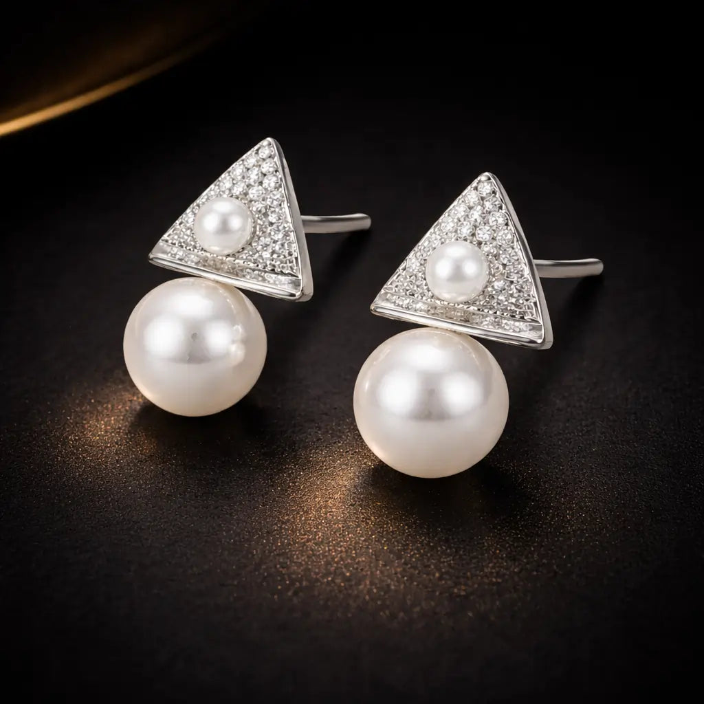 Geometric Triangle Pearl Drop Earrings – Sterling Silver 925 Crystal Stud Earrings