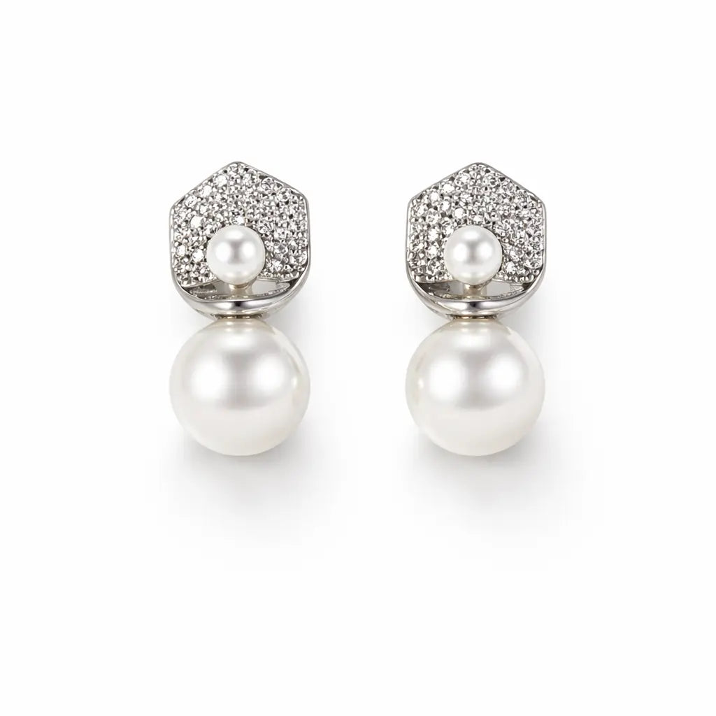 Hexagon Pearl Drop Earrings – Sterling Silver 925 Crystal Stud Earrings