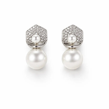 Hexagon Pearl Drop Earrings – Sterling Silver 925 Crystal Stud Earrings