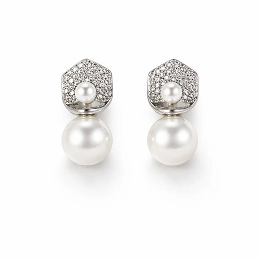 Hexagon Pearl Drop Earrings – Sterling Silver 925 Crystal Stud Earrings