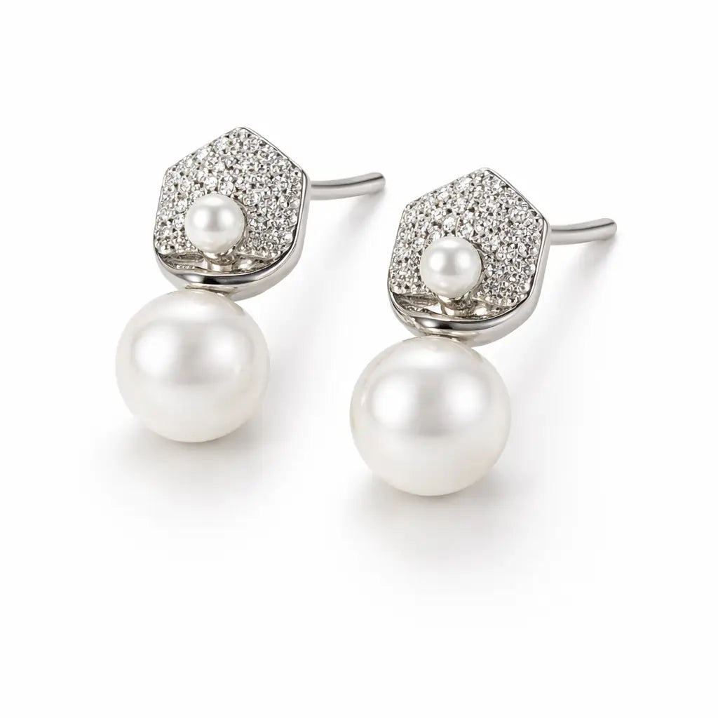 Hexagon Pearl Drop Earrings – Sterling Silver 925 Crystal Stud Earrings