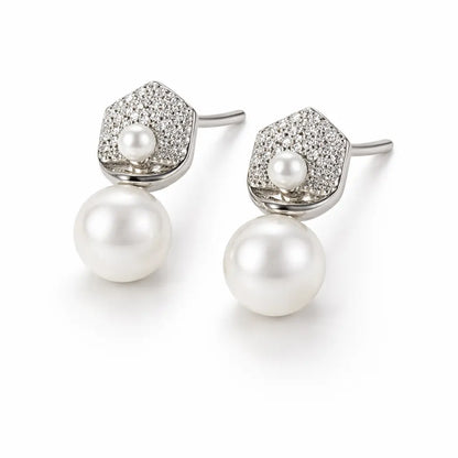 Hexagon Pearl Drop Earrings – Sterling Silver 925 Crystal Stud Earrings