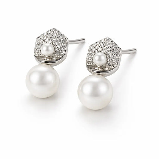Hexagon Pearl Drop Earrings – Sterling Silver 925 Crystal Stud Earrings