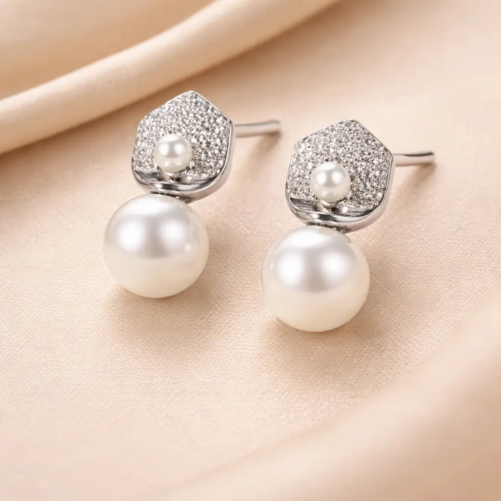 Hexagon Pearl Drop Earrings – Sterling Silver 925 Crystal Stud Earrings
