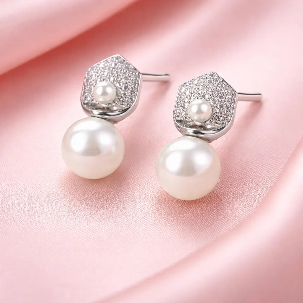 Hexagon Pearl Drop Earrings – Sterling Silver 925 Crystal Stud Earrings