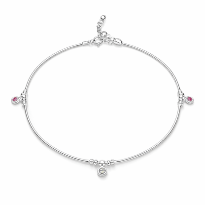 Sterling Silver 925 Charm Anklet with Pink & Crystal Accents – Elegant Minimal Design