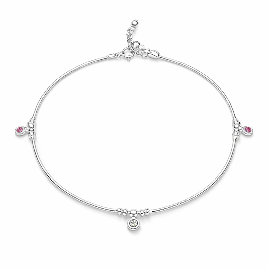 Sterling Silver 925 Charm Anklet with Pink & Crystal Accents – Elegant Minimal Design