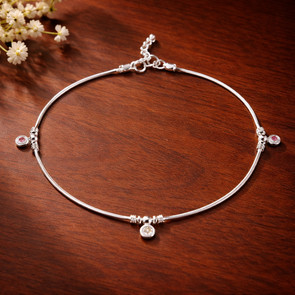 Sterling Silver 925 Charm Anklet with Pink & Crystal Accents – Elegant Minimal Design