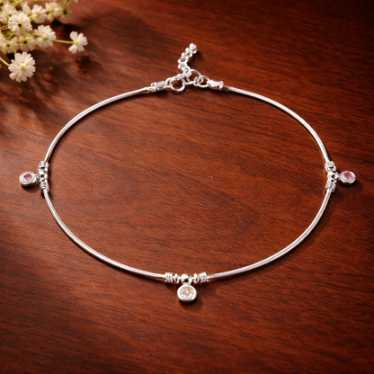 Sterling Silver 925 Charm Anklet with Pink & Crystal Accents – Elegant Minimal Design