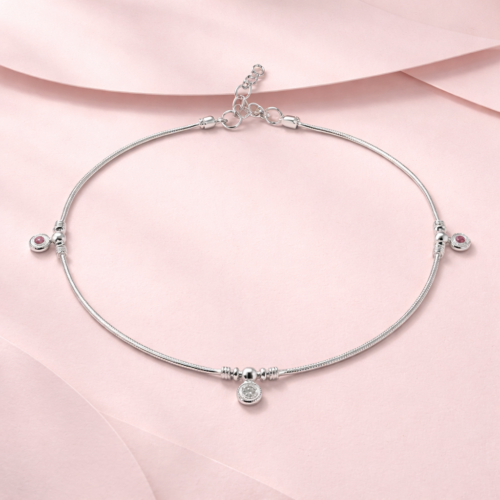 Sterling Silver 925 Charm Anklet with Pink & Crystal Accents – Elegant Minimal Design