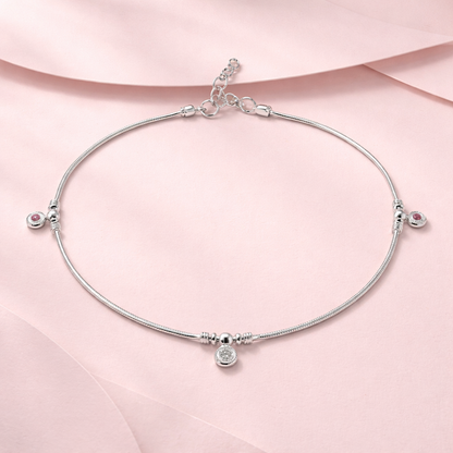 Sterling Silver 925 Charm Anklet with Pink & Crystal Accents – Elegant Minimal Design