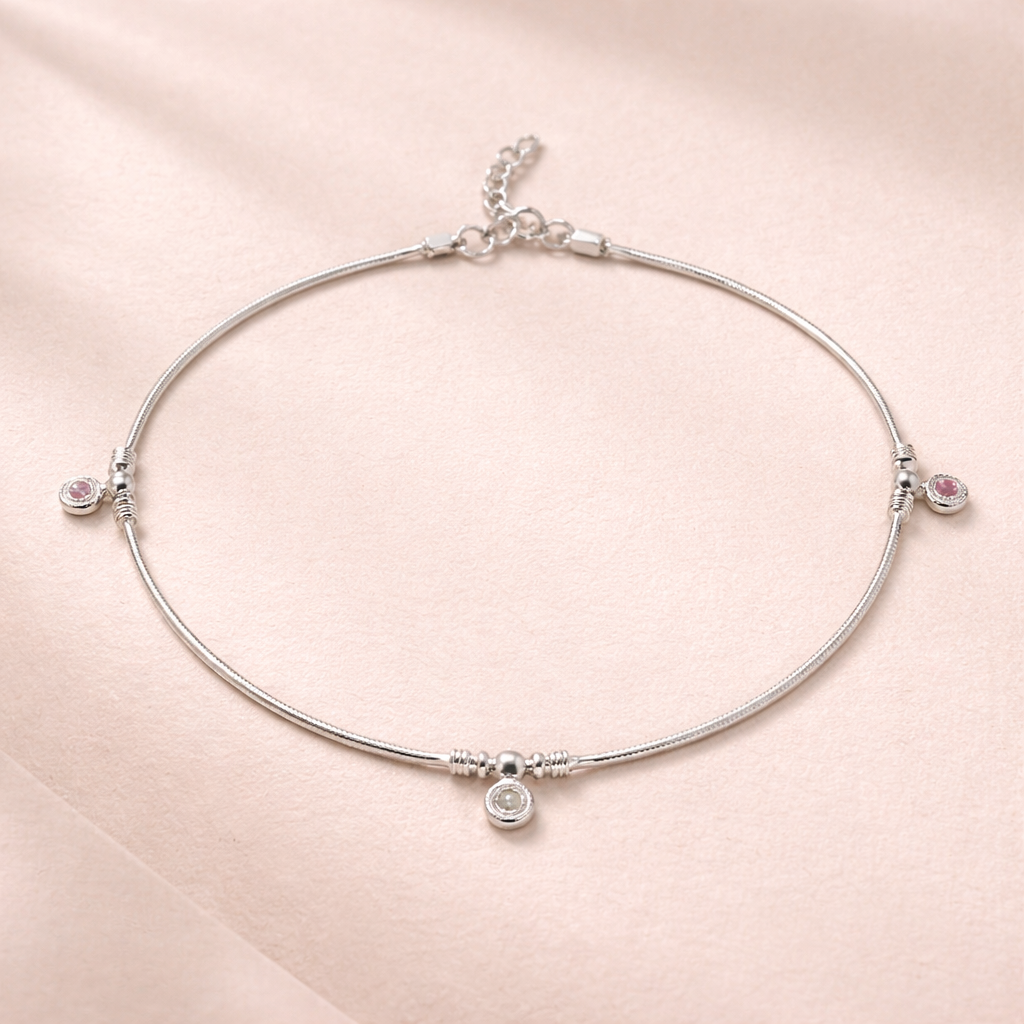 Sterling Silver 925 Charm Anklet with Pink & Crystal Accents – Elegant Minimal Design