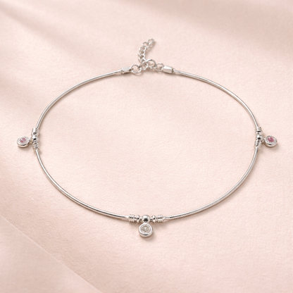 Sterling Silver 925 Charm Anklet with Pink & Crystal Accents – Elegant Minimal Design