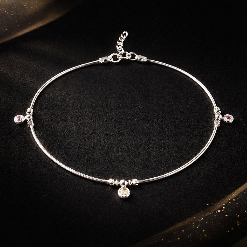 Sterling Silver 925 Charm Anklet with Pink & Crystal Accents – Elegant Minimal Design