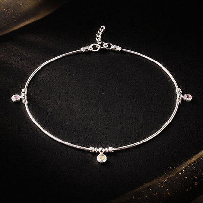 Sterling Silver 925 Charm Anklet with Pink & Crystal Accents – Elegant Minimal Design